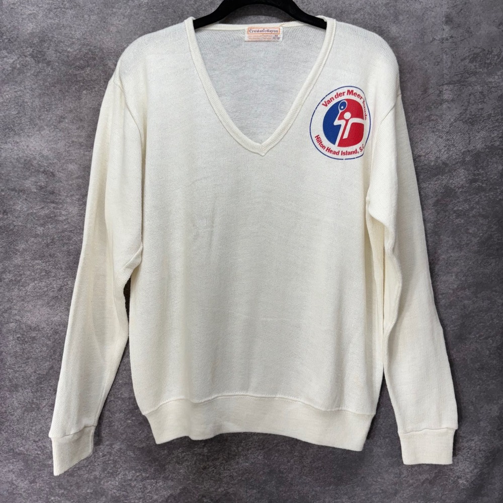 Vintage Van der Meer Tennis Hilton Head Sweater Mens Size M Cream Preppy V-Neck